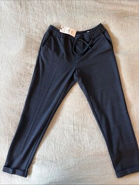 Men's Black Windowpane Stretch Zara Drawstring Pants Joggers